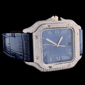 Reloj de Pulsera para Hombre con Caja Cuadrada de Moissanita de Primera Calidad, Correa de Cuero Azul, Elegante y Moderno para Fiestas - Product Image 3