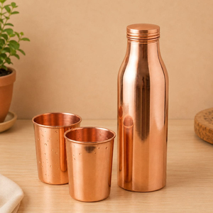 Royal Copper Water Bottle with Two Glass Hammered Design For Hydration Yoga & Ayurveda Inspired Drinkware Bottle With Packaging - Product Image 2