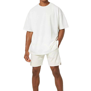 Men's White Cotton T-Shirt and <b>Shorts</b> Set Crew Neck Casual Summer Wear Knitted Solid Color Street Style Outfit - Product Image 1