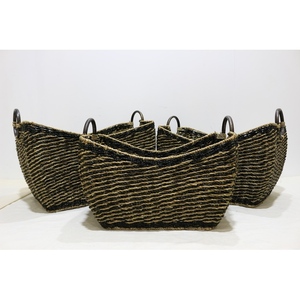 Set of <b>3</b> Woven Seagrass <b>Storage</b> Basket with Round Wooden Handles Black Accent Shelf Organizer <b>Bin</b> - Product Image 1