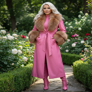 เสื้อโค้ทเทรนช์หนังปลาแบบยาวพร้อมขนสุนัขจิ้งจอกสีน้ำตาลและซับในผ้าไหม ขายส่งสั่งทำสำหรับผู้หญิง - Product Image 2