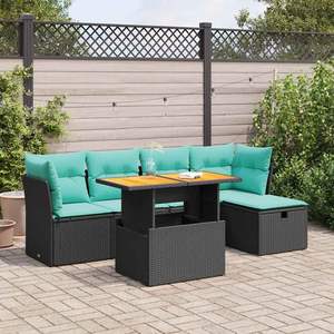 <b>6</b> <b>Piece</b> Black Poly Rattan Acacia <b>Patio</b> Sofa <b>Set</b> with Cushions - Product Image 1