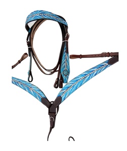 Ensemble en cuir peint Turquoise de haute qualité, ensemble de tête et de poitrine occidentale en cuir peint - Product Image 2