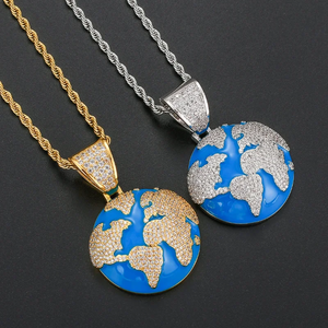 Mens Hip Hop Earth Pendant Silver Charm Necklace <b>Iced</b> <b>Out</b> Globe <b>Chain</b> Rhinestone Bling World Charm Streetwear Moissanite Jewelry - Product Image 1