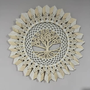 งานฝีมือแขวนผนังรูปต้นไม้ครอบครัวสีขาว ทำจากเชือกมาคราเม่ สไตล์โบโฮ เหมาะสำหรับตกแต่งห้องนั่งเล่น ห้องนอน และบ้าน นำเข้าจากอินเดีย - Product Image 1