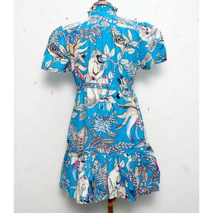 Hand Block Print Knee Mini <b>Dress</b> Short Sleeve Ruffled Collar Button <b>Elastic</b> <b>Waist</b> Fit Flare 100% Cotton Casual - Product Image 2