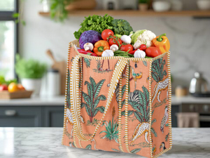 Sac fourre-tout en coton matelassé fait main style bohème, imprimé animaux de la jungle, poignées rayées, léger et écologique pour le shopping estival et toutes occasions - Product Image 6