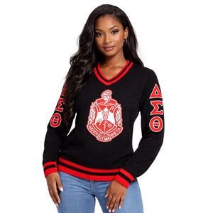 Maglione Nero in Lana con Scollo a V Delta Sigma Theta per Donne, Vestibilità Comoda, Tessuto Premium, Abbigliamento Casual per Confraternite Greche - Product Image 1