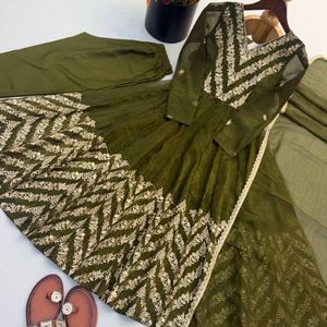 Women Pure Roman Cotton Embroidered Gown <b>Pant</b> Set with Soft Organza Dupatta | <b>Sequin</b> Thread Work Designer Ethnic Wear | Party We - Product Image 4