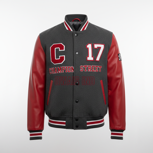 Veste de baseball rouge pour homme, style varsity, avec lettres brodées C 17, manches en cuir PU, coupe décontractée, automne - Product Image 1