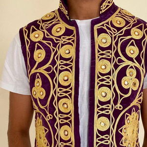 <b>Men's</b> Winter Vintage <b>Purple</b> Velour Embroidered <b>Waistcoat</b> Stand Collar Open Front Gold Embroidery Suits - Product Image 3