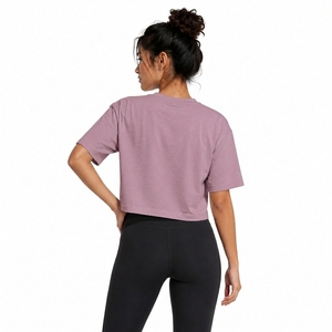 <b>Women's</b> Lavender Cropped <b>T</b>-<b>Shirt</b> Crew Neck Short Sleeve Loose Fit Solid Color 100% Cotton Jersey Casual Wear Spring Summer - Product Image 2