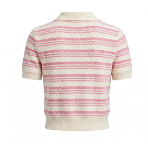 เสื้อโปโลถักลายทางสีชมพูและครีม แขนสั้น คอวี สำหรับผู้ชาย เสื้อสเวตเตอร์ลำลอง ขายส่งเสื้อผ้า - Product Image 2