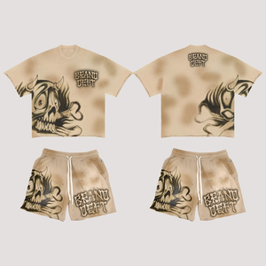 Ensemble T-shirt et short Hellstar pour homme, imprimé crâne, col rond, style punk, tenue d'été en coton, flammes rouges et violettes - Product Image 3