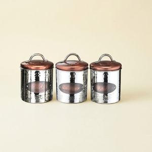 3-Piece Antique Style Galvanized Metal Kitchen Storage Canister Set With Decorative Copper Band And <b>Lid</b> For Farmhouse Home <b>Decor</b> - Product Image 2