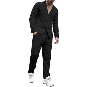 Ensemble de costume noir uni pour homme, élégant et décontracté, en polyester tissé, deux pièces, pour l'automne, ensemble deux pièces tendance pour homme, de qualité supérieure, assorti - Product Image 1