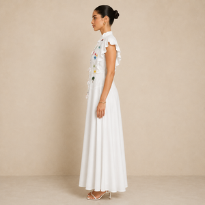 Vestido de Lino Blanco para Mujer con Bordado Colorido y Mangas con Volantes - Product Image 2
