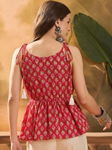 Stylish Formal Cotton <b>Red</b> Print Peplum Top Wholesale Women Floral Print Cotton Peplum Top Elegant Shoulder tie-ups Top - Product Image 3