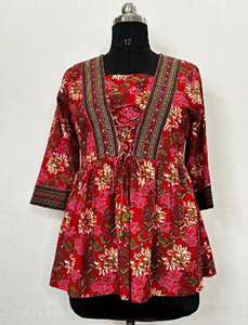 Top de Algodón con Cuello en V para Mujer, Túnica con Estampado Floral, Manga Corta, Estilo Informal de Verano, Estilo Kurti, Atuendo Diario Cómodo - Product Image 4