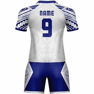 Conjunto de Camiseta de Rugby Personalizada para Hombre, Blanca y Azul con Estampado Geométrico, Sublimación, Secado Rápido, Tejido de Poliéster, Estilo Deportivo de Verano - Product Image 4
