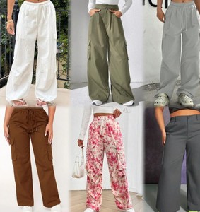 Pantalon cargo décontracté taille haute pour femme, nouvelle collection automne, coupe large, en pur coton, avec plusieurs poches, broderie, style devant plat - Product Image 5