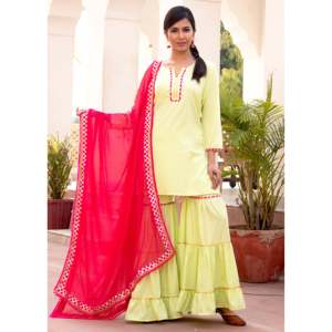 Ensemble Salwar Kameez ethnique en rayonne brodé Gota vert Aasma avec dupatta rose, taille XS, idéal pour les mariages - Product Image 5