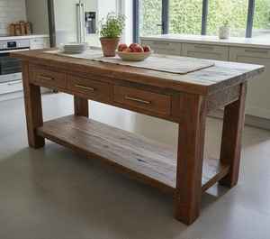 โต๊ะครัวไม้เนื้อแข็งขนาดใหญ่พร้อมลิ้นชักเก็บของสามช่องและชั้นวางด้านล่างกว้าง เฟอร์นิเจอร์สไตล์ฟาร์มเฮาส์แบบแข็งแรงทนทาน - Product Image 4