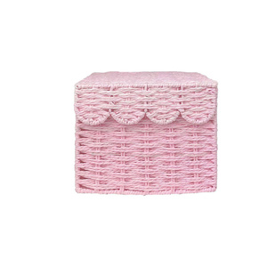 Handmade Paper Rope Pink <b>Storage</b> Box With Scalloped Lid Wicker Organizer <b>Basket</b> Nursery <b>Toy</b> <b>Storage</b> Decorative Box Wholesale - Product Image 2