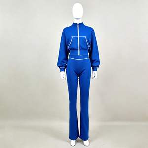 2026 Custom Logo Women's One <b>Set</b> Striped Tracksuit Contrast Piping Zip Crop Jacket High Waisted Flare Pants Sportswear Spring - Product Image 5