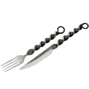 Ensemble de couverts médiévaux forgés à la main pour dîner festif, couteau, cuillère et fourchette viking d'extérieur, vaisselle plate avec étui en cuir – Idéal comme cadeau - Product Image 2