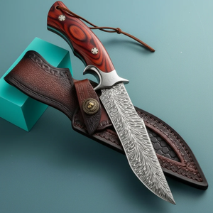 Couteau Bowie artisanal Edge Master en acier Damas, manche en bois avec étui en cuir, 11 pouces, qualité industrielle/DIY - Product Image 2