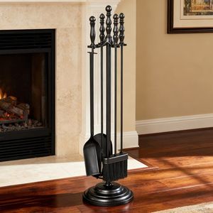 5-Piece <b>Fireplace</b> <b>Tool</b> <b>Set</b> with Poker Tongs Brush Shovel Round Stand - Product Image 1