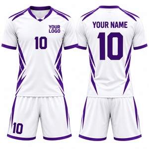 Maillot de football personnalisé blanc et violet à col en V, manches courtes, impression par sublimation, respirant, unisexe, uniforme d'équipe adulte - Product Image 1