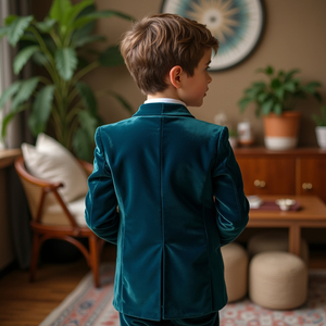 Costume 3 pièces en velours bleu turquoise pour garçons sur mesure |   Costume de mariage pour enfant avec gilet, nœud papillon et blazer formel - Product Image 3