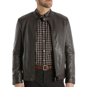 <b>Men's</b> Genuine <b>Leather</b> Moto <b>Jacket</b> Stand Collar Zipper Closure Slim Fit Black Regular Sleeve Autumn Wear - Product Image 4