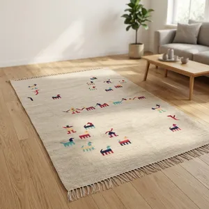 Alfombra Rectangular Tejida a Mano Estilo Kilim HILTEX, Mezcla de Lana Bohemia con Estampado Animal y Flecos para Sala de Estar - Product Image 5