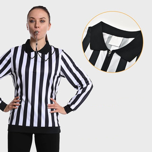 Maillot d'arbitre à manches longues rayé noir et blanc pour femme avec fermeture éclair, col rabattable, tissu respirant, vêtements de football - Product Image 2