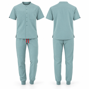 Conjunto de Uniforme Médico Unisex de Algodón y Poliéster Color Verde Azulado, Manga Corta, Cuello Alto, Botones al Frente, Pantalones Tipo Jogger, Uniforme de Hospital - Product Image 1