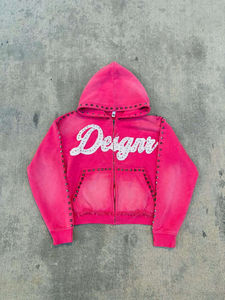 Hoodie d'hiver pour homme, qualité supérieure, personnalisé, 2026, lourd, délavé à l'acide, brodé, style streetwear, coupé-cousu, avec fermeture éclair et strass - Product Image 5