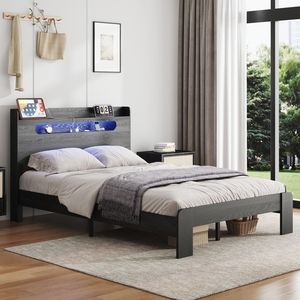 Lit plateforme en bois King Size avec tête de lit à éclairage LED et 2 ports USB, sans bruit, aucun sommier requis, rangement inclus - Product Image 6