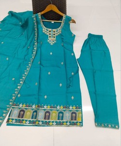 Salwar Kameez en coton pour femmes, vert turquoise, brodé, col carré, sans manches, élégant, à porter au quotidien, style Inde Pakistan, EAGLE 85877 - Product Image 2
