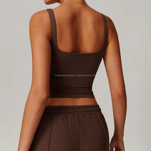 Haut court à col carré pour femme, dos nageur, couleur unie, froncé devant, respirant, anti-transpiration, vêtement de sport yoga, sans couture, mi-spandex - Product Image 4