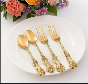 Elegant <b>Gold</b> Plated Flatware Set With <b>Ornate</b> Handles Dishwasher Safe Metal Cutlery For Wedding Table Setting - Product Image 1