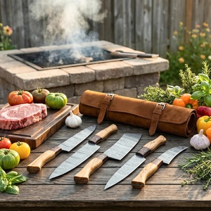 Ensemble de couteaux de cuisine multifonctionnels en acier damas, 5 pièces, faits à la main, design ambidextre, manches en bois, pour le camping en plein air - Product Image 6