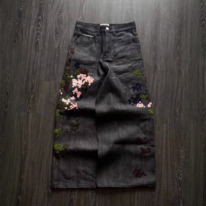 Vaqueros de mezclilla para hombre con lavado ácido, vintage, bordados personalizados, corte acampanado, ajustado, holgado, estilo cargo, pierna ancha, con efecto slub y estampado Drip - Product Image 1