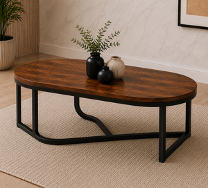 Table basse ovale contemporaine avec plateau en bois de noyer et base en métal noir élégante pour salon et mobilier de séjour - Product Image 4