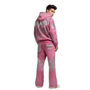 Women Pink Rhinestone <b>Tracksuit</b> Set Y2K Graphic Zip Hoodie Wide Leg Pants Streetwear Outfit - Product Image 6