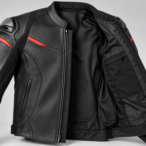 Chaqueta de Motociclista de Cuero Perforado Negra para Hombre con Detalles Rojos, Ropa de Verano Transpirable para Motociclismo - Product Image 3