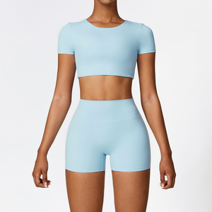 Custom Yoga Gym <b>Shorts</b> Set Active Wear Fitness 2 Piece Crop Top and Leggings for Women - Product Image 3