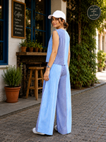 Ensemble deux pièces rayé bleu pour femme, haut sans manches coupe évasée et pantalon large, tenue décontractée pour l'été et le printemps, tissu doux